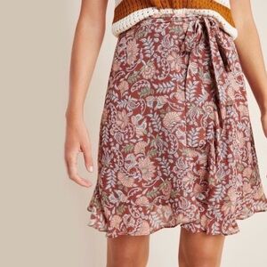 Anthropologie Luca Mini Wrap Style Chiffon Skirt Brown Floral Motif - Size S